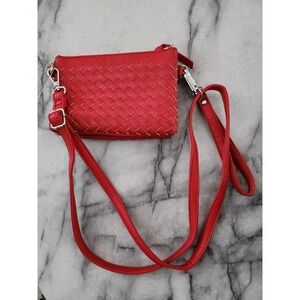 Cato Red Woven Faux Leather Crossbody Bag Polka Dot Lining Multi-Compartment